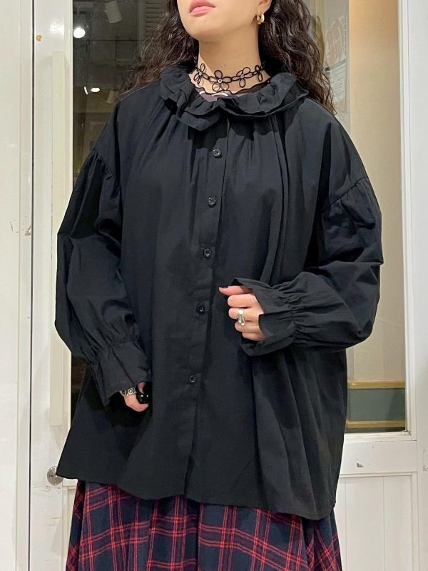 公主袖剪裁雙層荷葉領棉麻落肩前短後長襯衫 