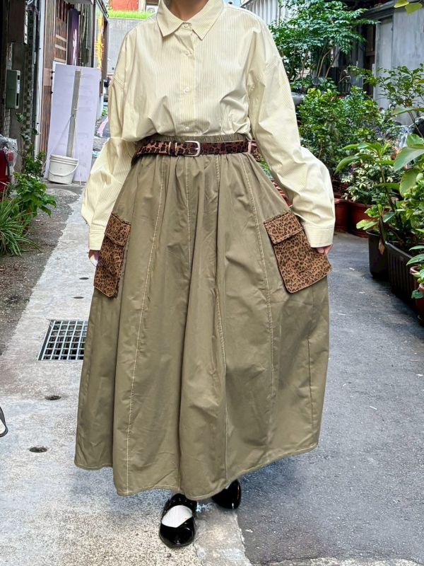 豹紋立體大口袋拼接工裝裙 