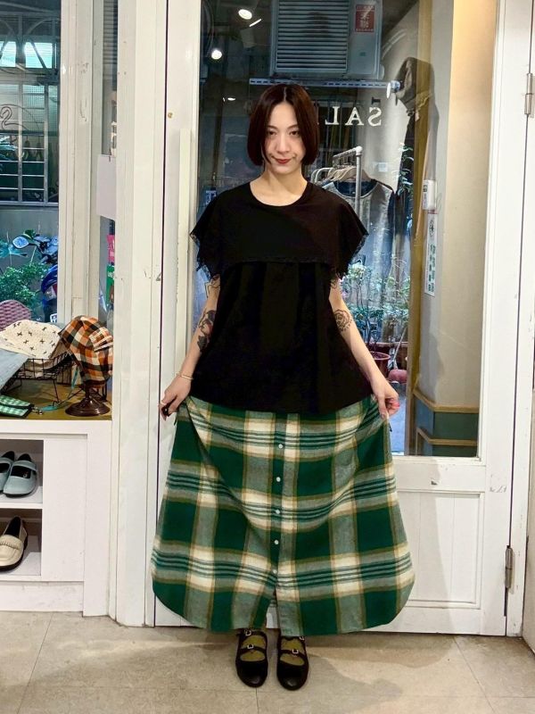 兩側邊抽繩襯衫式下擺格紋裙 