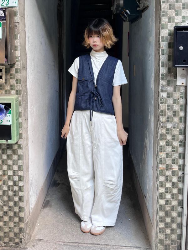 牛仔打褶線條錐形長褲 