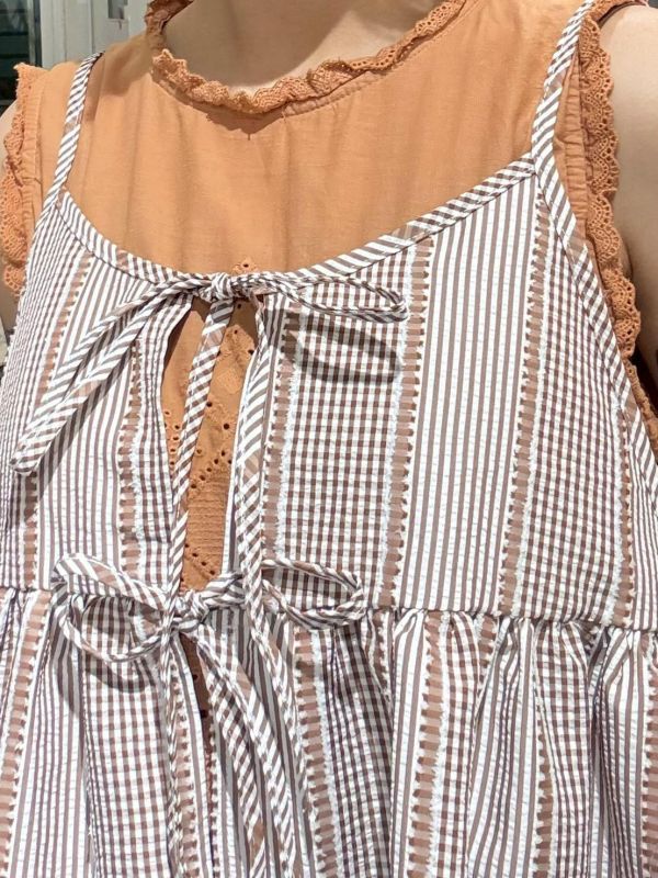 立體布紋細格條紋綁帶吊帶背心 