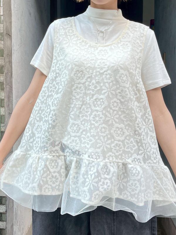 刺繡小花鏤空拼接紗寬肩帶背心 