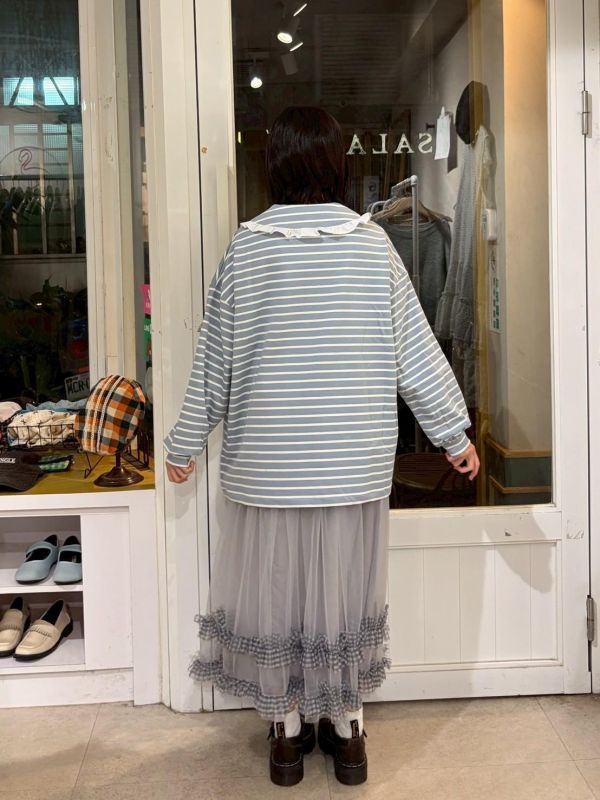 百搭條紋荷葉領休閒上衣 