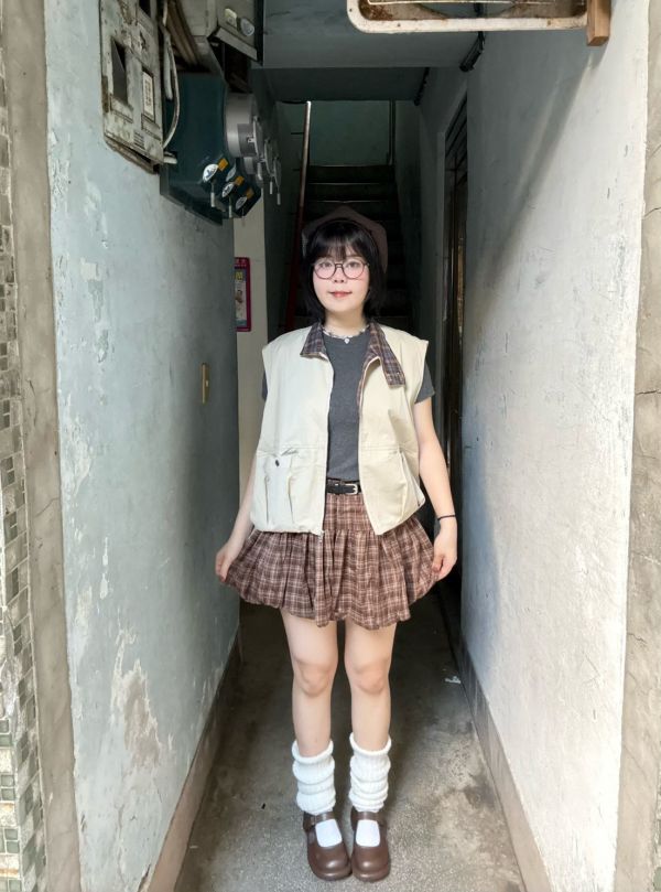 格紋氣球短褲裙附皮帶 