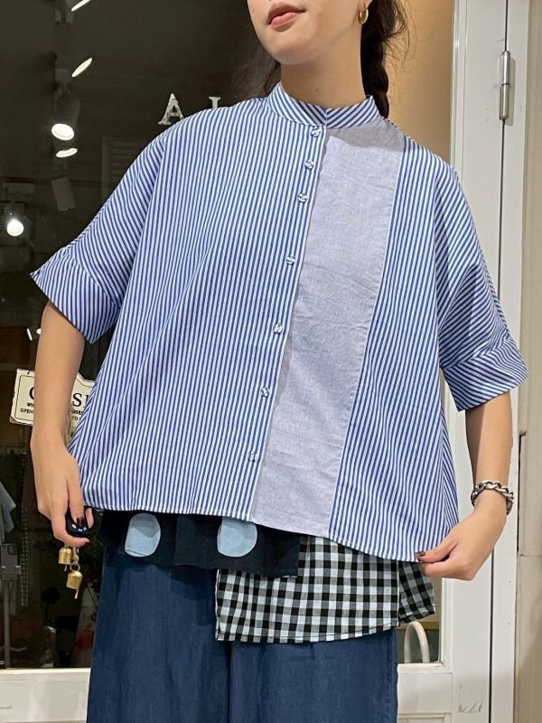 中山領條紋拼接包布扣落肩前短後長襯衫 