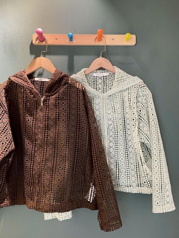 鏤空麻繩針織拉鏈連帽外套 