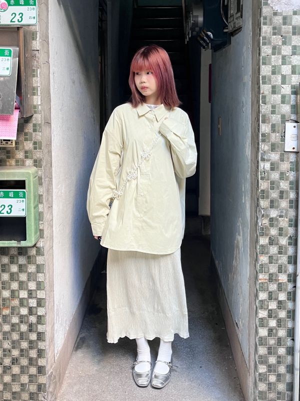 燈芯絨後開衩直筒皺皺裙 