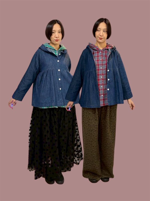 假兩件牛仔內裡格紋連帽襯衫 