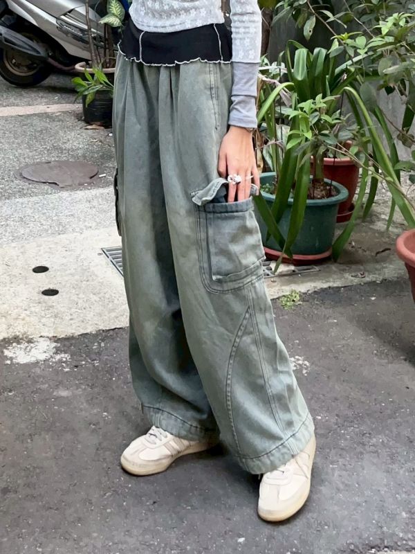 沼澤綠水洗多口袋鬆緊腰牛仔褲 