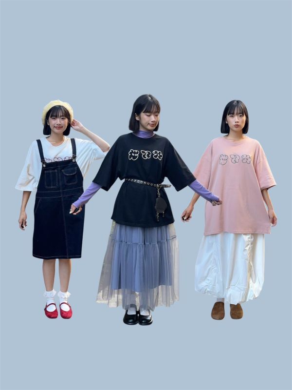 立體刺繡三朵小花oversized寬鬆Tee 