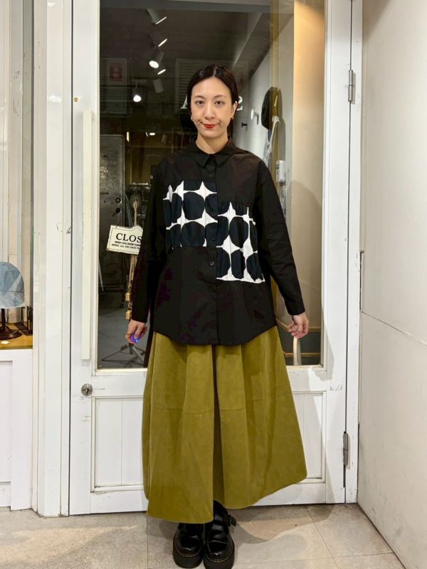 波點抓皺拼接襯衫 