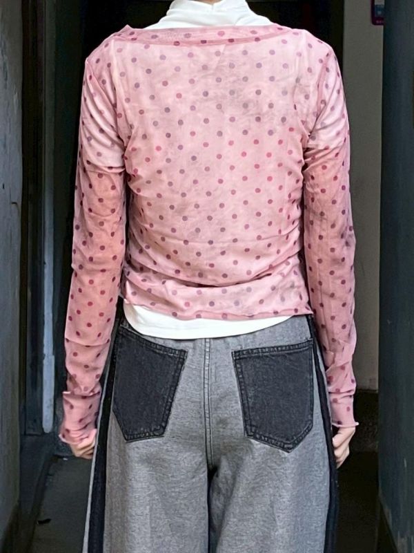 彩色波點渲染透膚長袖上衣 
