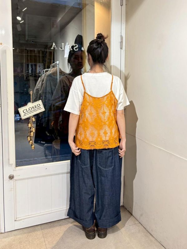 紅色抽繩下擺反折繭型九分牛仔寬褲 