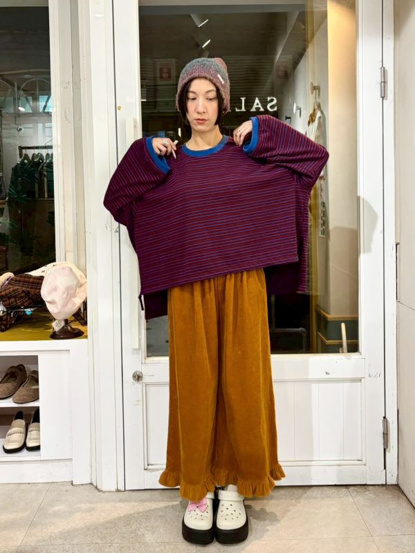 前短後長落肩寬袖條紋長袖上衣 