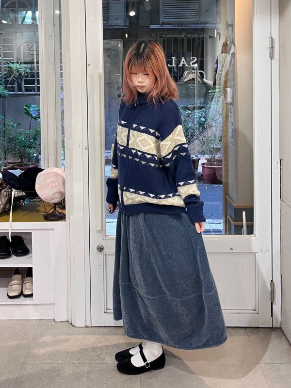 藏藍復古菱格紋針織拉鏈毛衣 