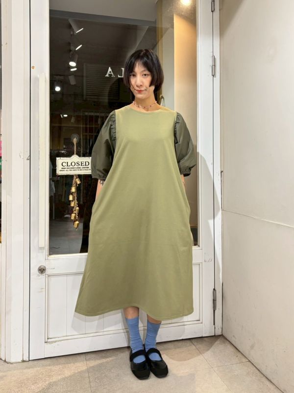異材質拼接澎澎袖長洋裝 
