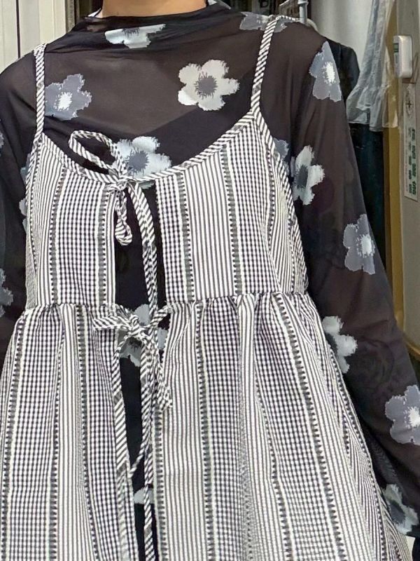 立體布紋細格條紋綁帶吊帶背心 