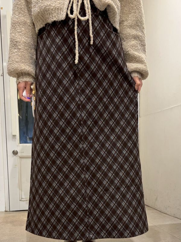 學院厚布格紋後鬆緊腰開衩長裙 