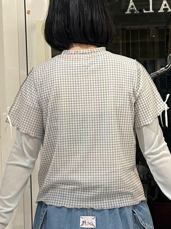 透膚蝴蝶結袖口格紋上衣 