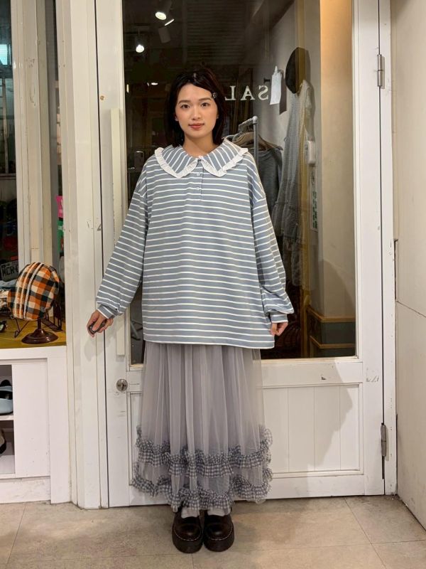 百搭條紋荷葉領休閒上衣 