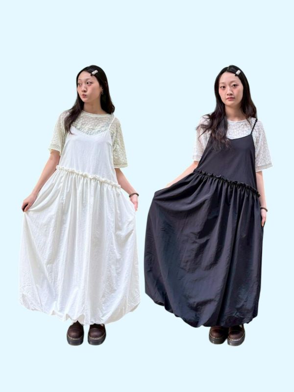 花邊斜切氣球吊帶背心洋裝 