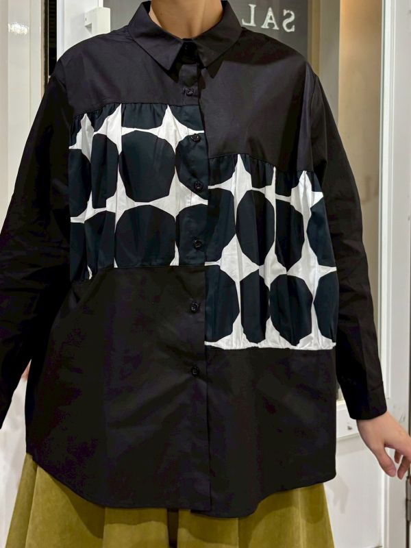 波點抓皺拼接襯衫 