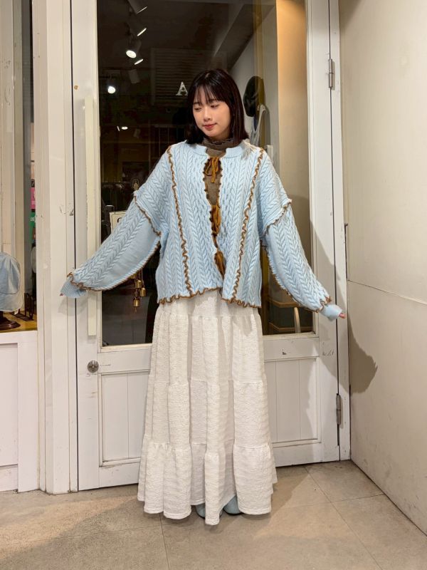 粗針織毛線撞色滾邊綁帶長袖外套 