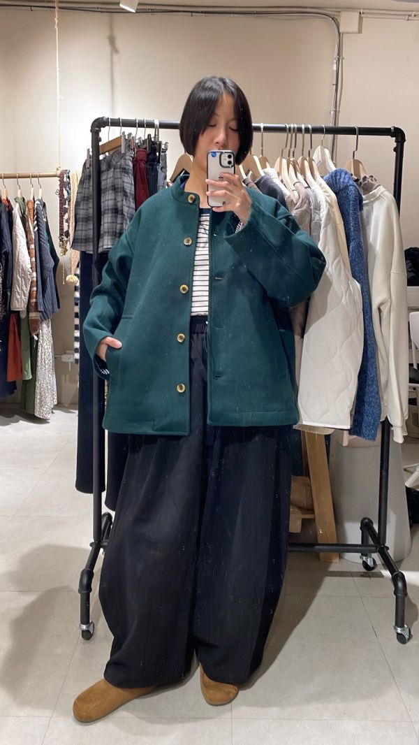 綠色中山領毛呢大外套 