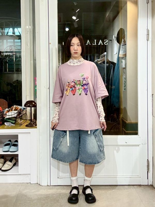 斜翻開立體大口袋白色綁帶五分牛仔寬褲 