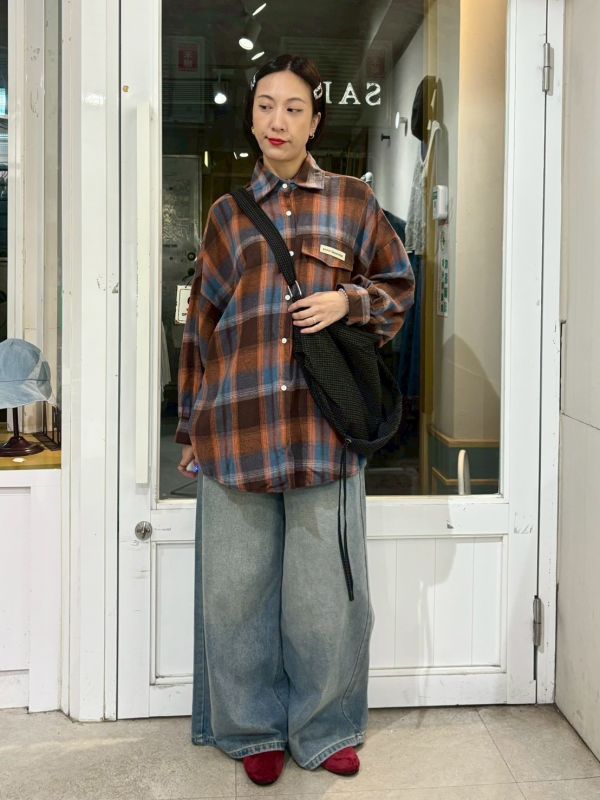 落肩橘藍棕格紋襯衫 