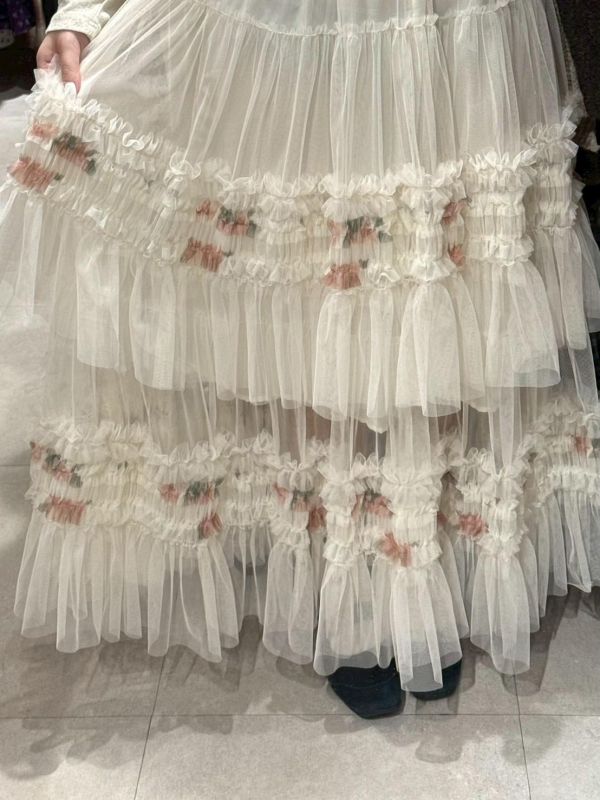 雙層紗奶油擠花拼接傘擺澎澎長裙 