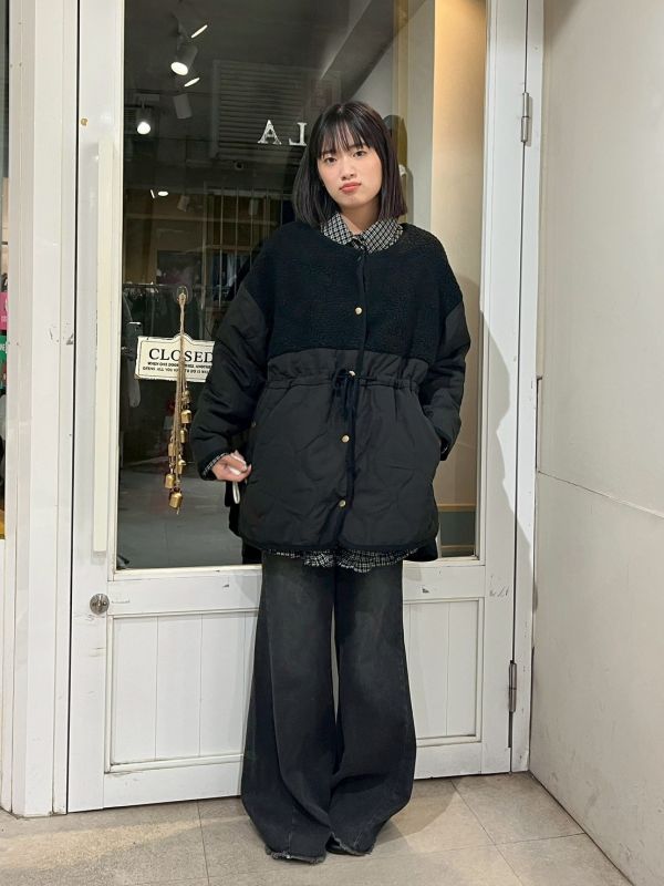 絎縫葫蘆蚊腰抽繩側開衩毛毛外套 