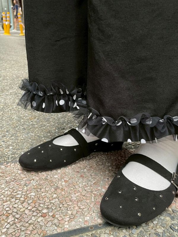 拼接波點紗紗下擺長褲 