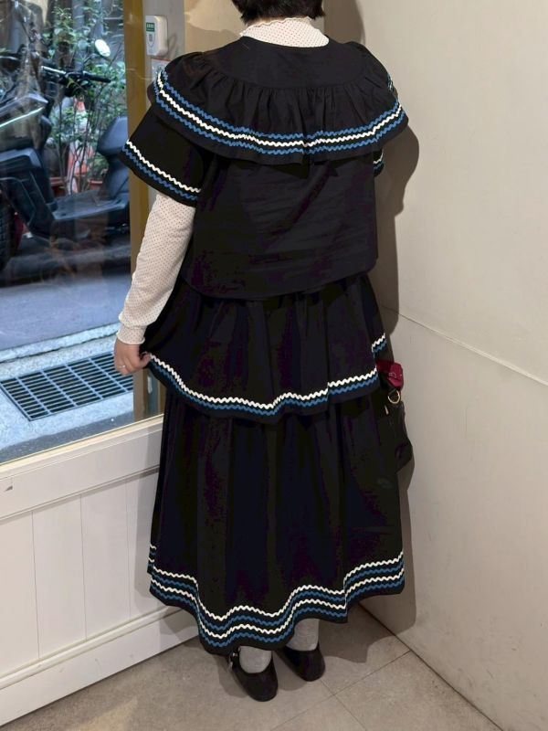 波浪紋吊帶洋裝+波浪紋短袖綁帶襯衫兩件式套裝 