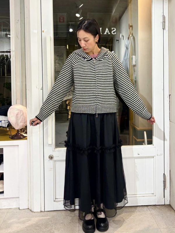 黑白條紋針織拉毛衣鏈連帽外套 