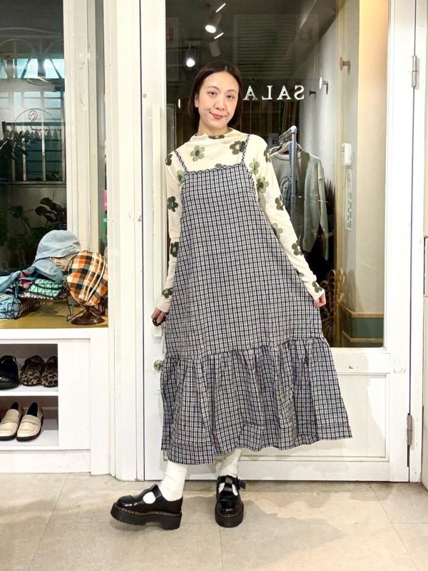 泡泡布格子吊帶背心裙 