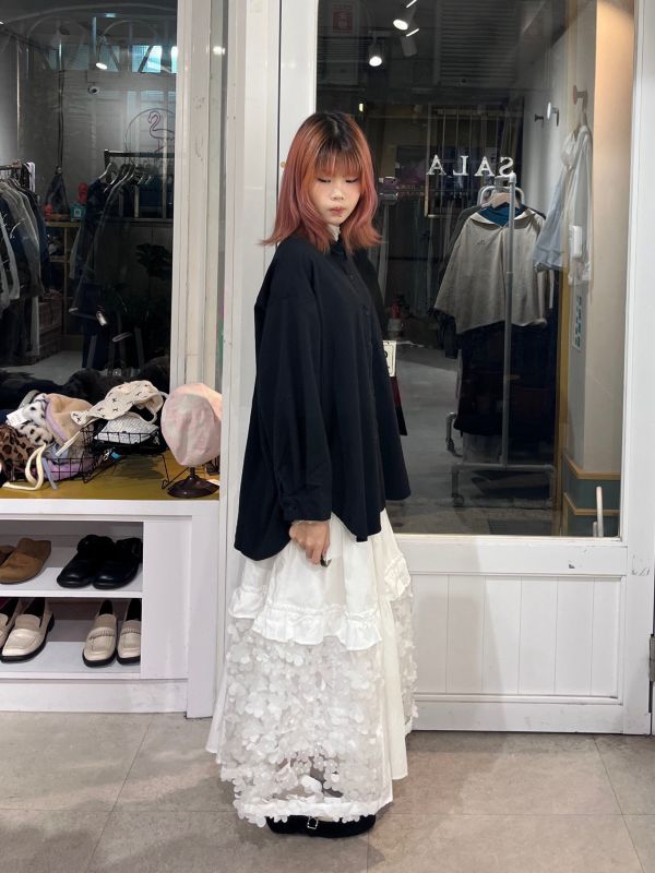 前短後長弧形開衩棉質長袖襯衫 