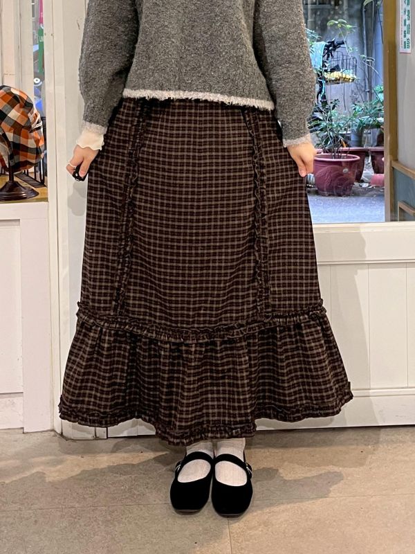 復古格紋擠花魚尾長裙 