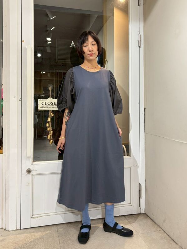 異材質拼接澎澎袖長洋裝 