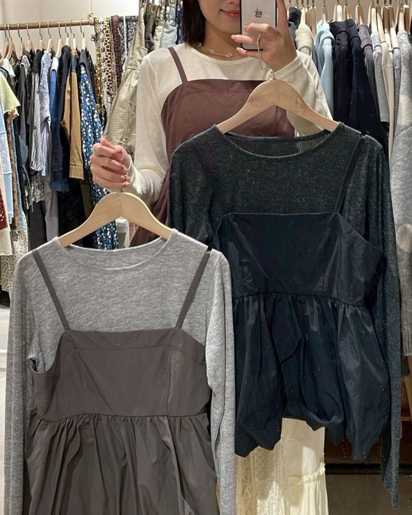 刷刷布氣球蓬蓬背心+彈性圓領長袖上衣 