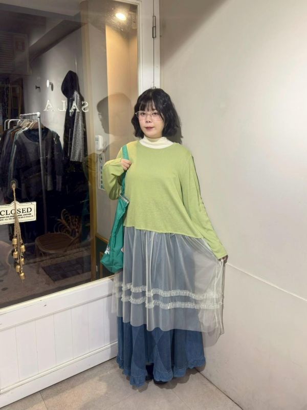 針織花釦長袖拼接滾邊紗洋裝 