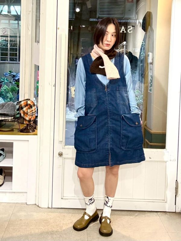 大V領全開拉鏈立體大口袋牛仔背心洋裝 