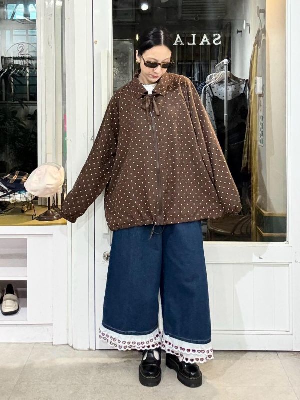 波點大翻領蕾絲綁帶外套 