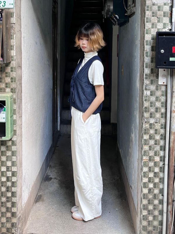 牛仔打褶線條錐形長褲 