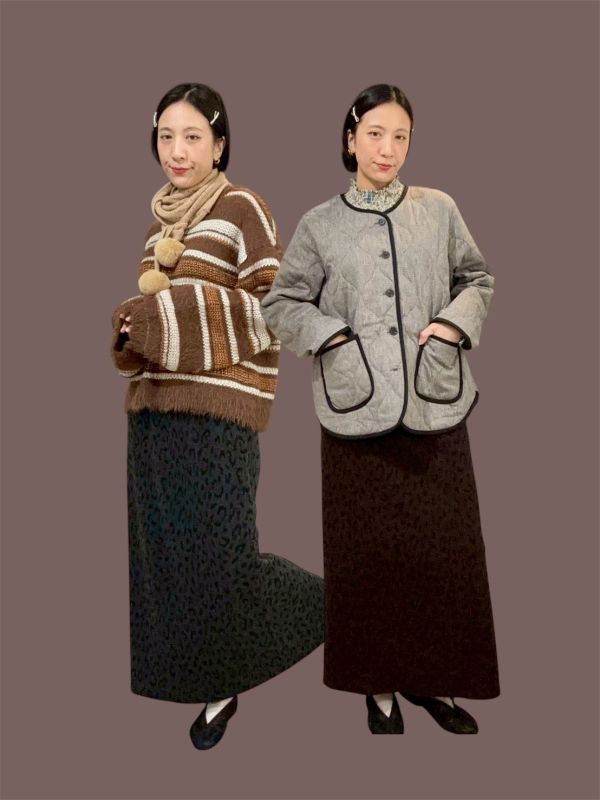 伸縮腰後開衩豹紋裙 