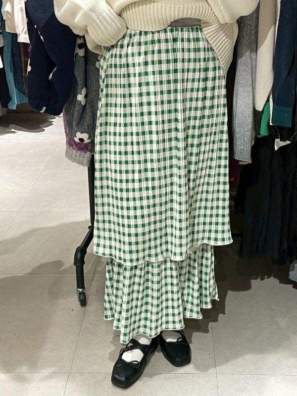 格紋滑料雙層滾邊下擺長裙 