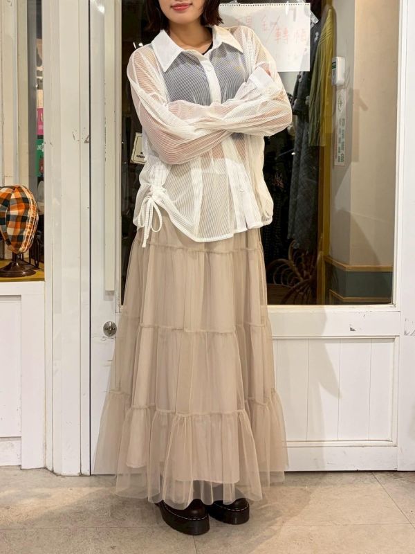 側邊魚骨抽皺直紋透膚襯衫 