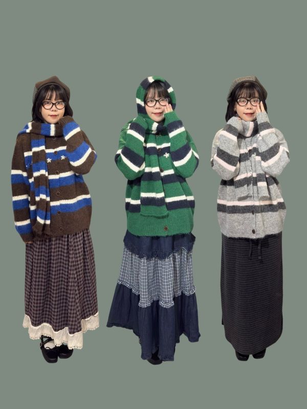 撞色條紋小花刺繡鈕扣毛衣&圍巾 