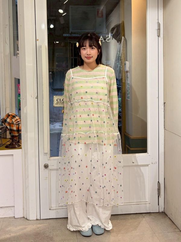 刺繡小花透紗細肩帶洋裝 