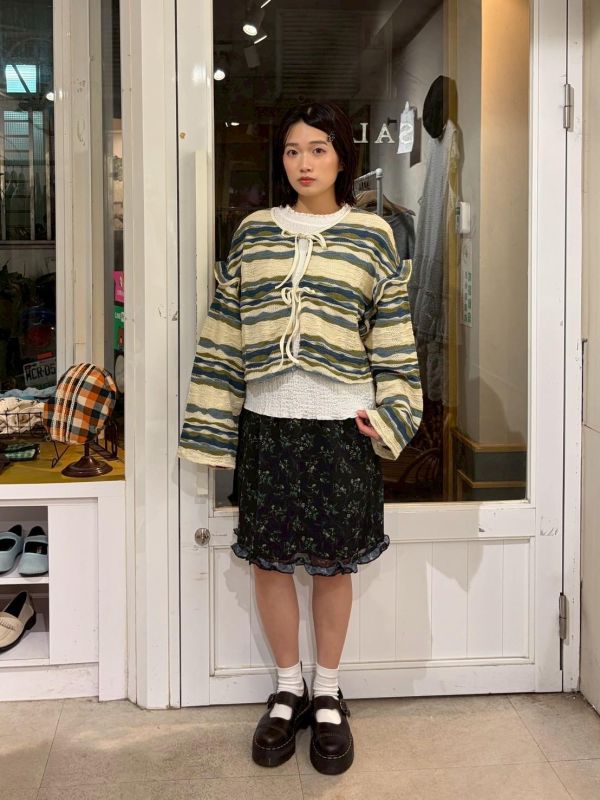 撞色波浪橫條綁帶外罩 